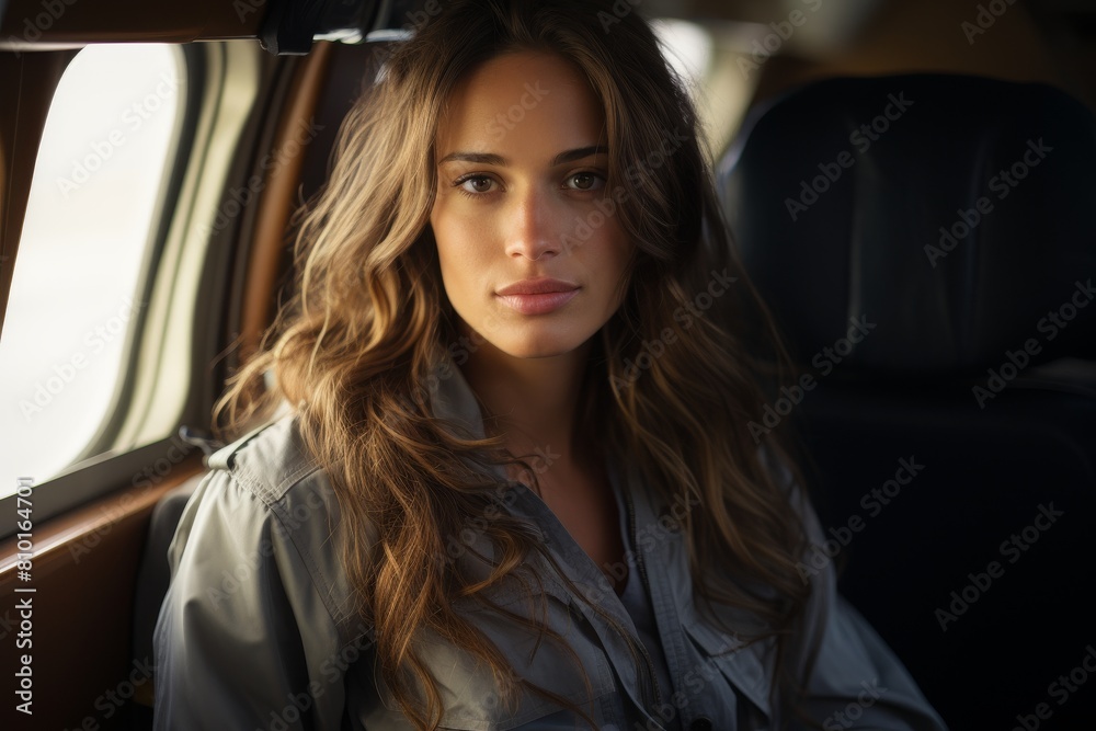 woman with long wavy hair in car