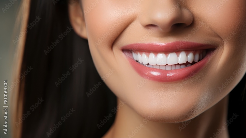 Closeup of a woman's smiling face with perfect teeth