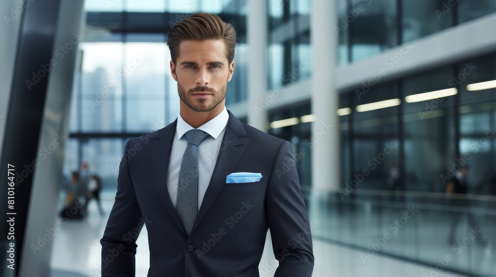 Confident businessman in formal suit standing in office lobby