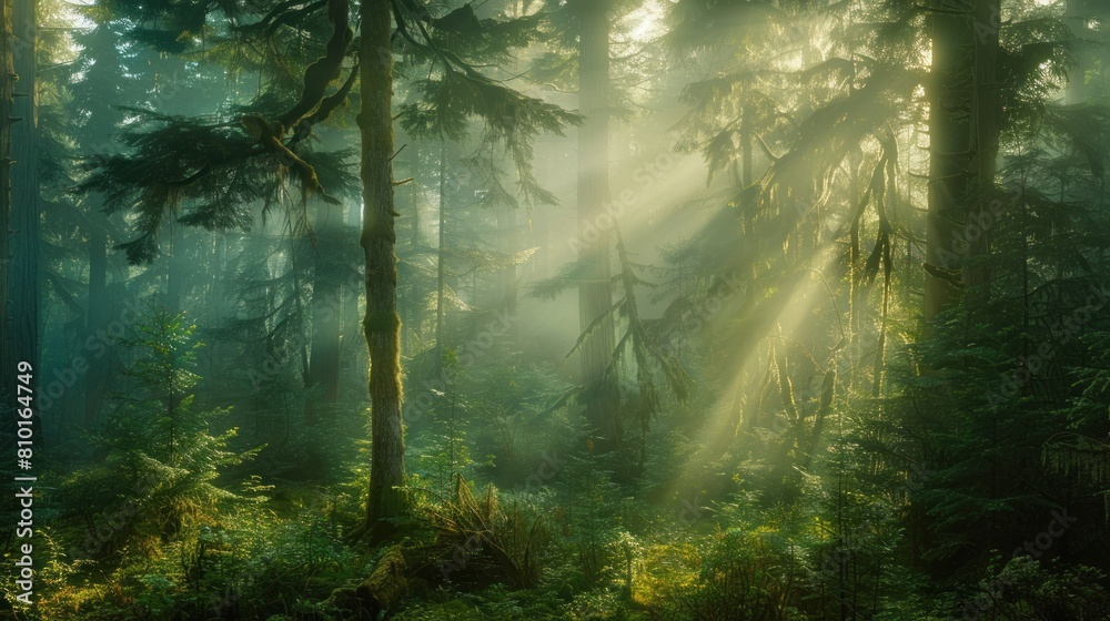 A forest with sunlight shining through the trees