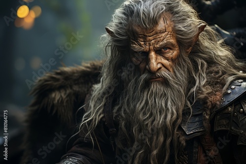 Rugged warrior with long gray beard and fur-trimmed armor