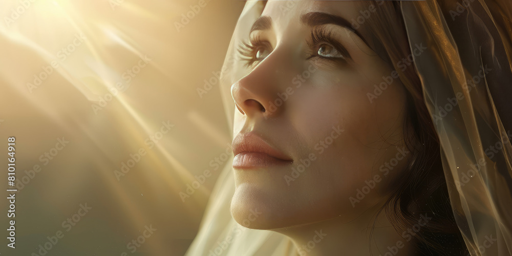 Biblical close up portrait of young woman in a veil headscarf praying, copy space. Biblical close up portrait of young woman in a veil headscarf praying, copy space.
