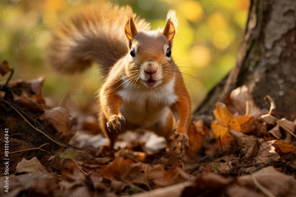 Curious squirrel in autumn leaves