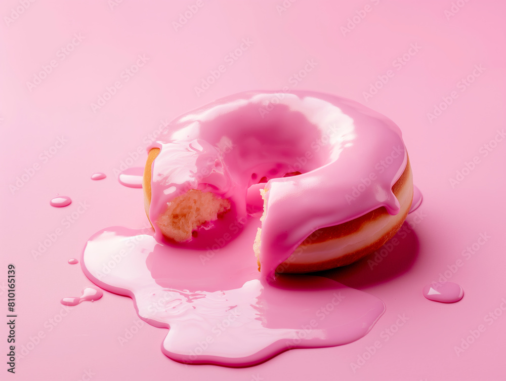 Half-eaten donut with pink icing melting on a pink background. Sweet treat and indulgence concept. Design for dessert menu, food blog, and advertising. Vibrant color and creative layout. Half-eaten donut with pink icing melting on a pink background. Sweet treat and indulgence concept. Design for dessert menu, food blog, and advertising. Vibrant color and creative layout.