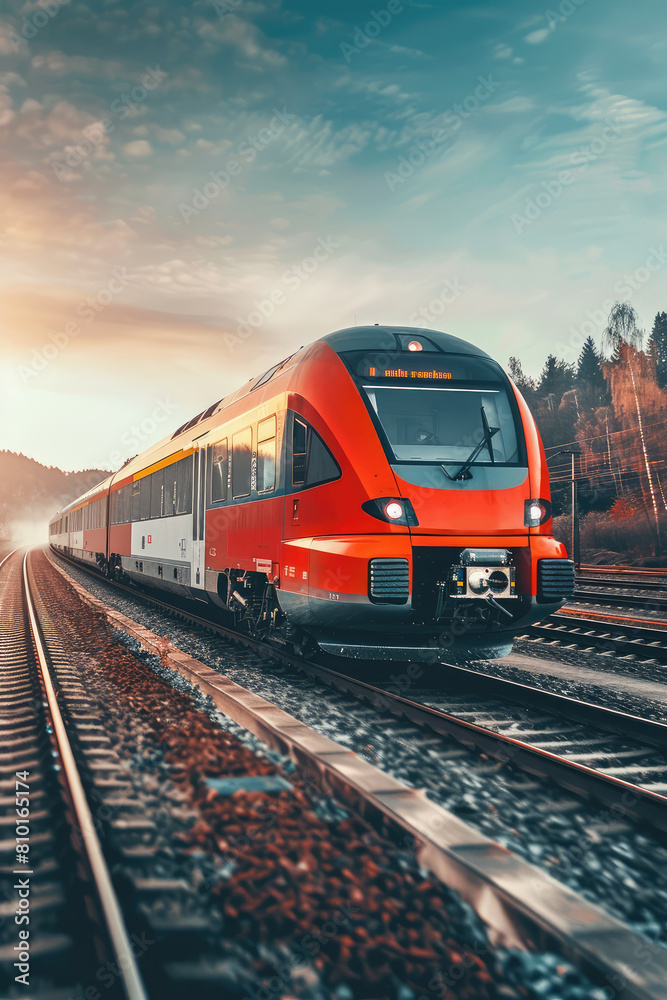 Closeup modern train in a scenic landscape, copy space. Detail of a high-speed train for intercity land travel. Closeup modern train in a scenic landscape, copy space. Detail of a high-speed train for intercity land travel.
