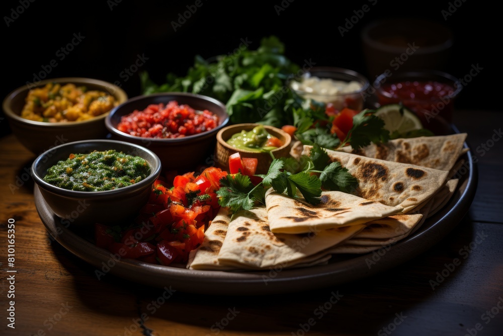 Delicious Mexican food platter with various dips and tortillas Delicious Mexican food platter with various dips and tortillas