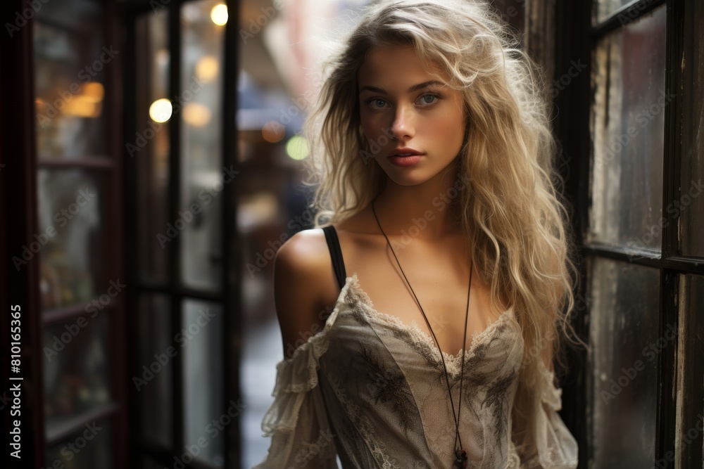 Fototapeta premium Alluring woman with flowing blonde hair in city alley