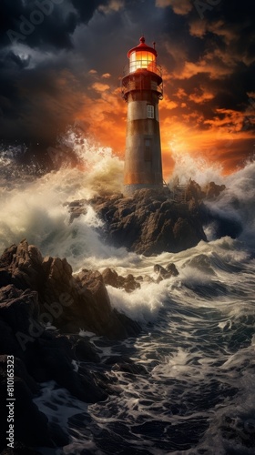 Dramatic lighthouse on rocky coast during stormy sunset