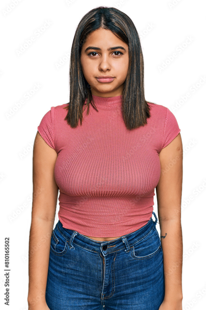 Obraz premium Young hispanic girl wearing casual t shirt depressed and worry for distress, crying angry and afraid. sad expression.