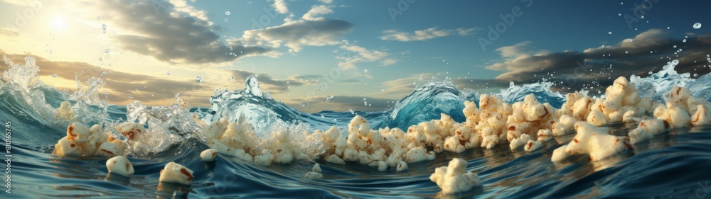 Crashing ocean waves with foamy bubbles at sunset Crashing ocean waves with foamy bubbles at sunset