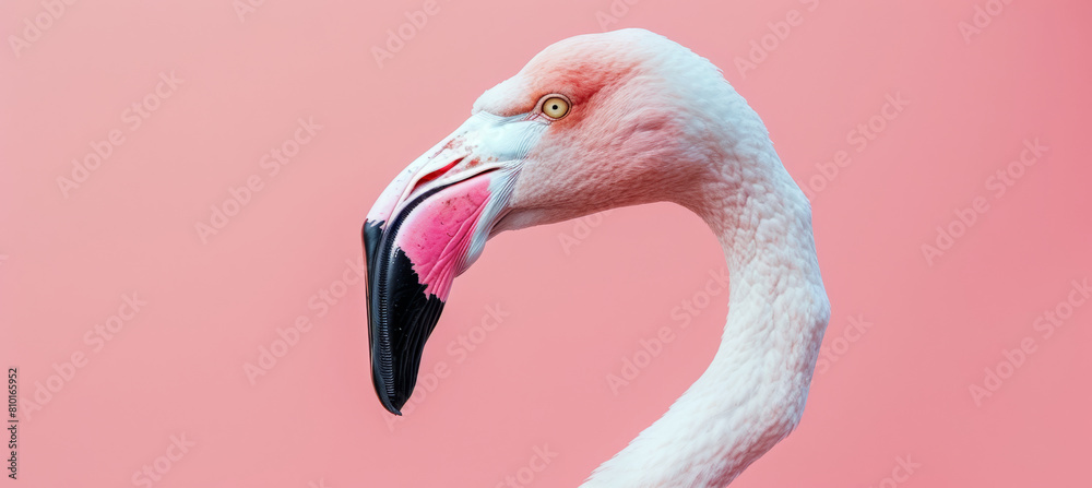 Naklejka premium Pastel Flamingo Portrait, Close-Up Profile Shot with Soft Lighting