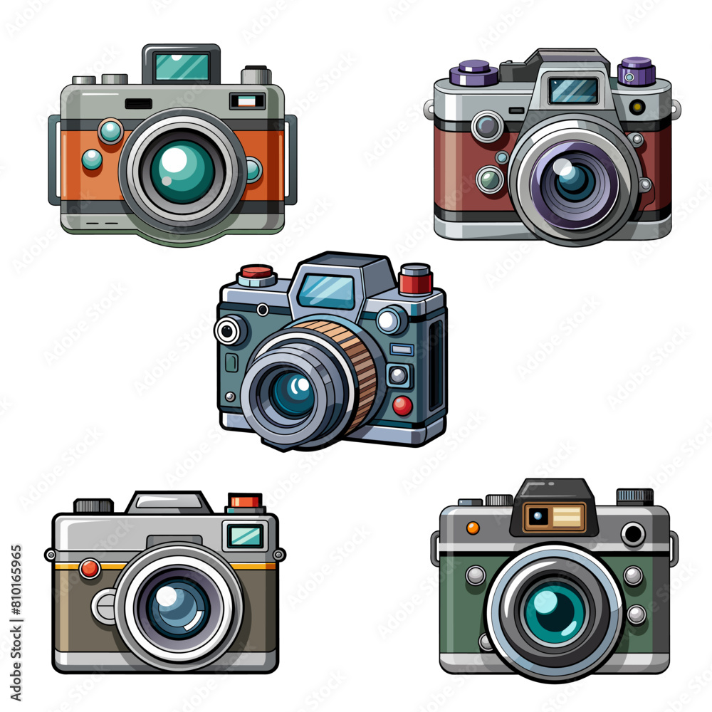 Set of film retro photo camera. Modern digital device with lens in vintage style Set of film retro photo camera. Modern digital device with lens in vintage style