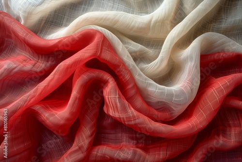 A luxurious close-up shot of silky red and white fabric waves, conveying a sense of elegance and fineness photo