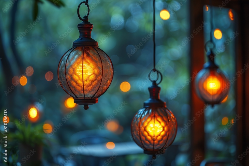 Old-fashioned lanterns casting a warm light within a dark and mystic garden setting Old-fashioned lanterns casting a warm light within a dark and mystic garden setting