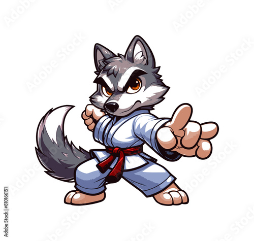 cute cartoon character wolf practicing karate - color on transparent background (artwork 5)