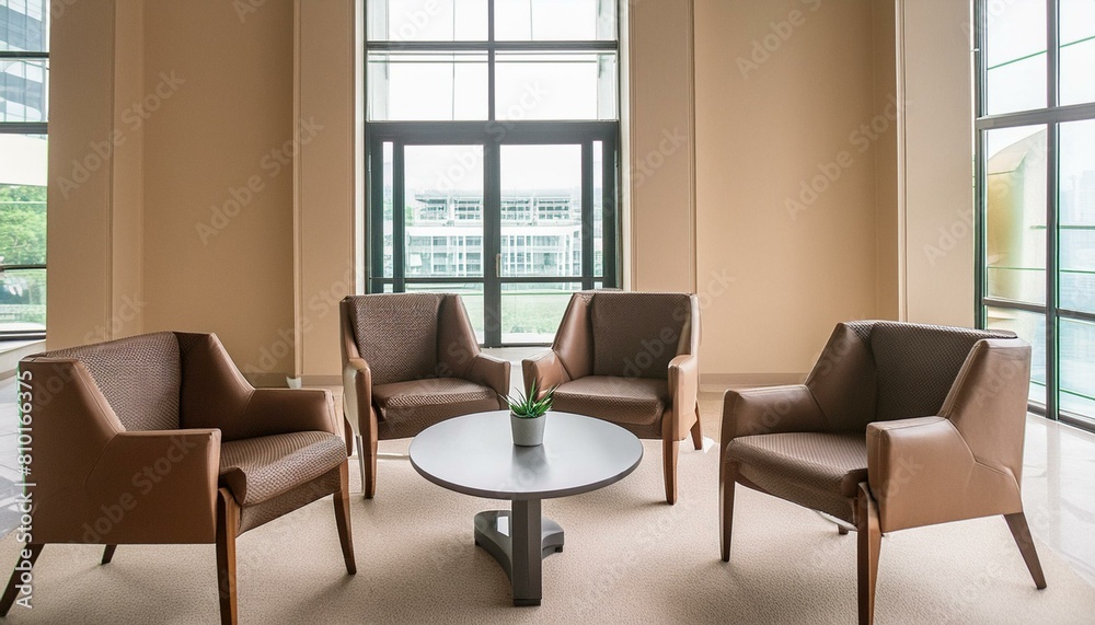 Lobby interior with armchairs in row and coffee table, window. Mock up wall Lobby interior with armchairs in row and coffee table, window. Mock up wall