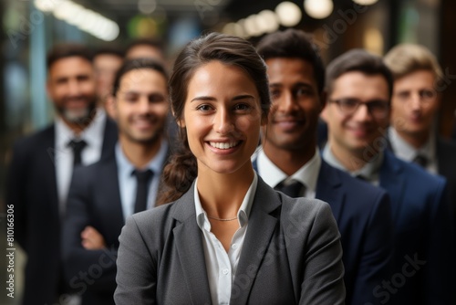Smiling business woman leading diverse team