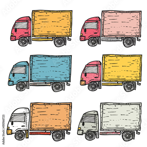 Handdrawn colorful delivery trucks vector set, various colors cargo transport illustration. Cartoon style delivery vehicles isolated white background, doodle trucks collection. Six different colored