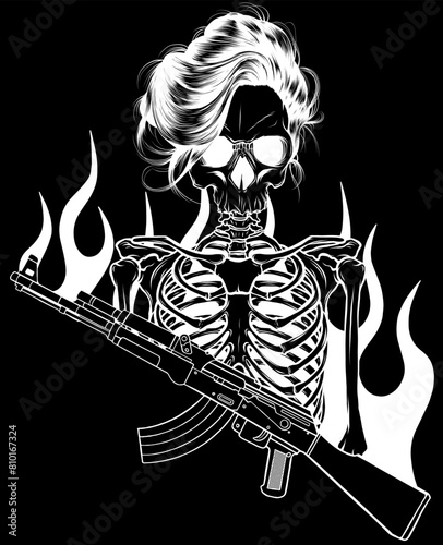 white silhouette of woman Skeleton holding assault rifle with flames vector illustration design on black background