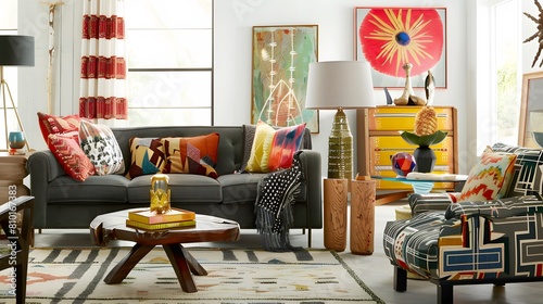 eclectic living room with mix-and-match furniture, vibrant colors, and funky art pieces
