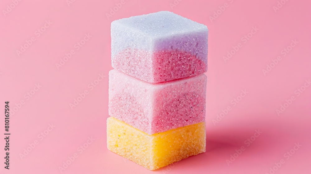 A stack of colorful sugar cubes on a pink background. A stack of colorful sugar cubes on a pink background.