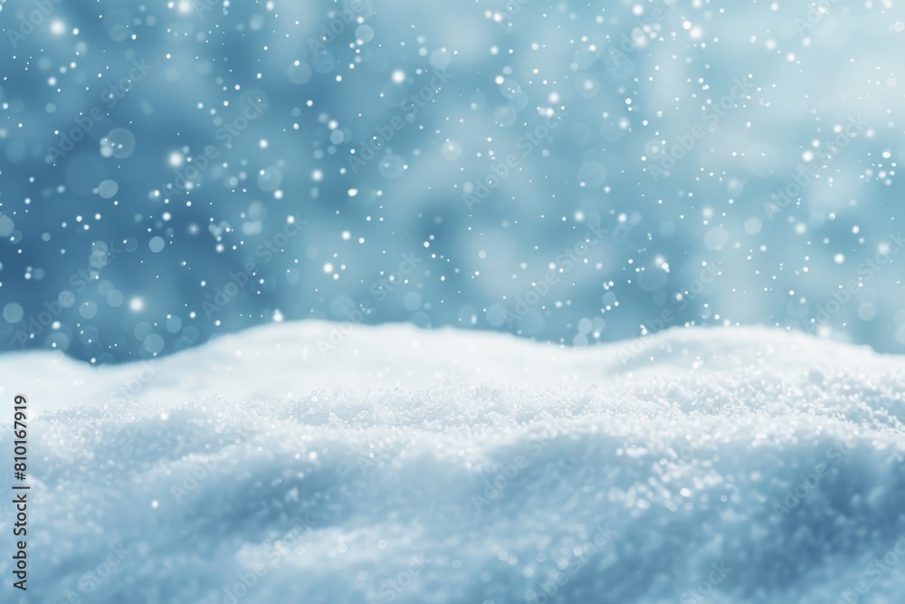 Serene winter background showcasing a close-up of a snowdrift with snowflakes gently falling against a dreamy, soft-focus blue backdrop, perfect for seasonal or holiday-themed designs