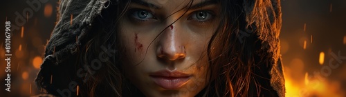 Intense female warrior with blood on face