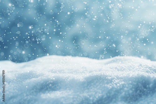 Serene winter background showcasing a close-up of a snowdrift with snowflakes gently falling against a dreamy  soft-focus blue backdrop  perfect for seasonal or holiday-themed designs