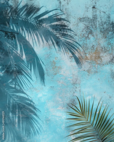 Tropical palm leaves on blue grunge textured wall.