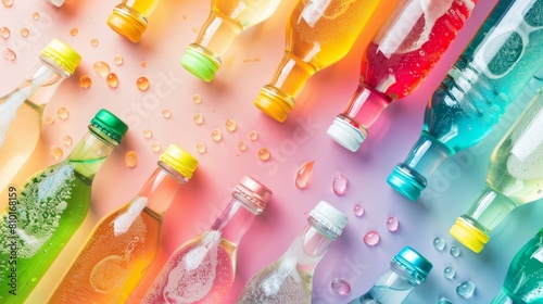A row of colorful bottles with the top of each bottle showing a different color