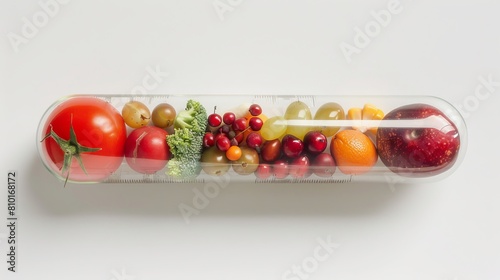 transparent little pill full of fruit and vegetables, concept: superfoods and veggies, supplements, white background, copy and text space, 16:9