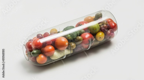 transparent little pill full of fruit and vegetables, concept: superfoods and veggies, supplements, white background, copy and text space, 16:9