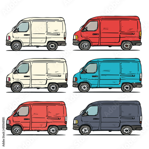 Six delivery vans cartoon illustration, side views cargo vehicles, colored line art. Handdrawn commercial transport, isolated white background, various colors red blue beige. Cargo vans used