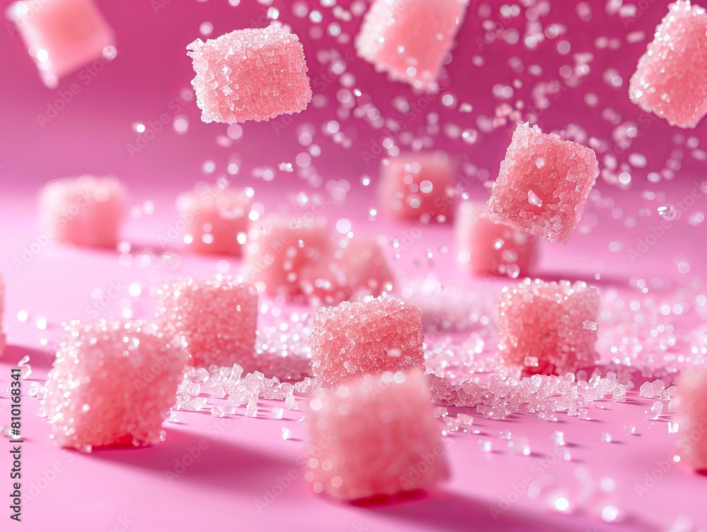 Sugar cubes falling on a pink background.