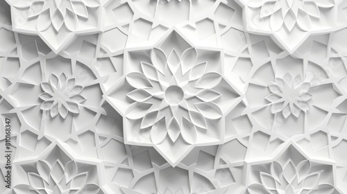 3D rendering of a white concrete wall with an intricate floral pattern. photo