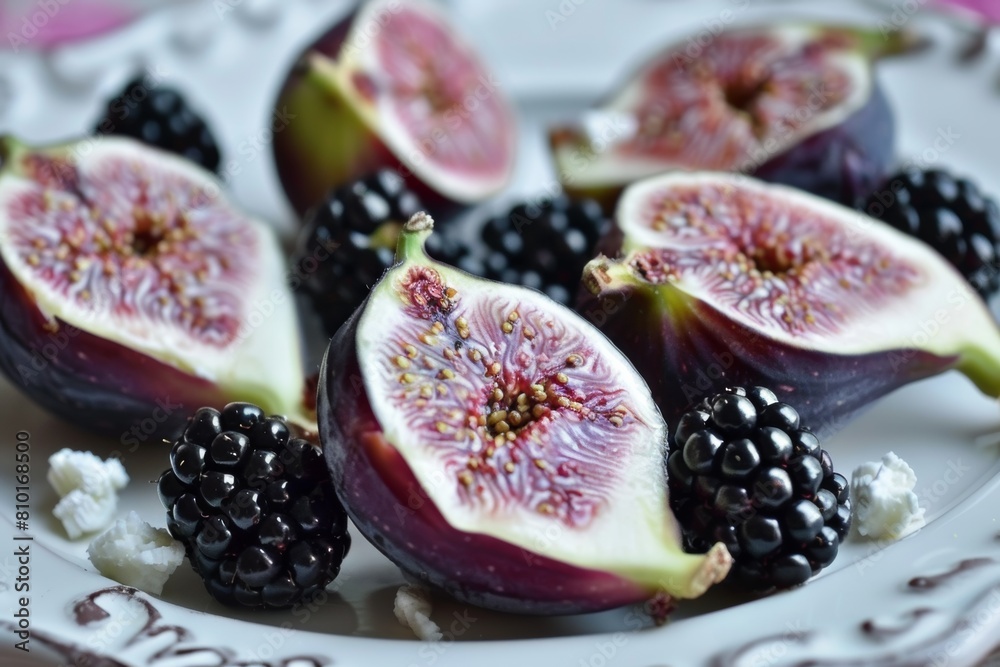 White Plate With Sliced Figs and Blackberries White Plate With Sliced Figs and Blackberries