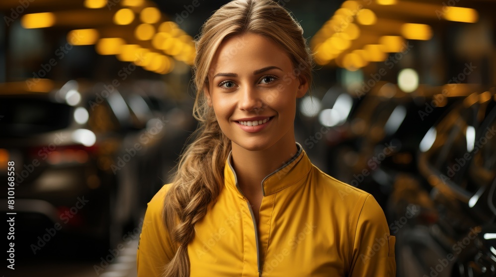Smiling woman in yellow jacket Smiling woman in yellow jacket