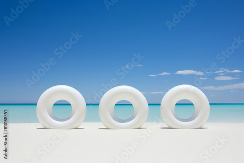 white swim ring, lifebuoy on white sand beach