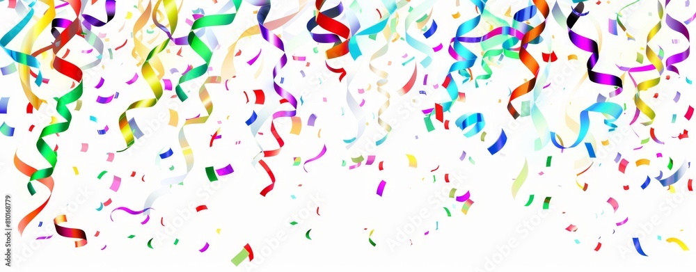 Fototapeta premium Vibrant and festive image showcasing a burst of multicolored confetti ribbons and pieces scattered in mid-air against a clean white background, conveying a celebration or special event