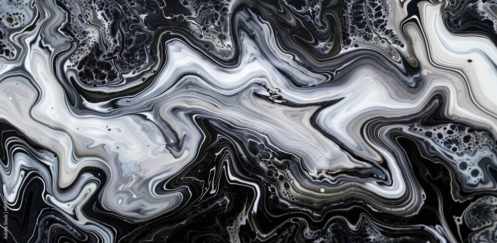 Elegant fluid art background depicting swirling monochrome patterns with intricate waves and marble-like textures, ideal for sophisticated graphic designs and modern creative projects