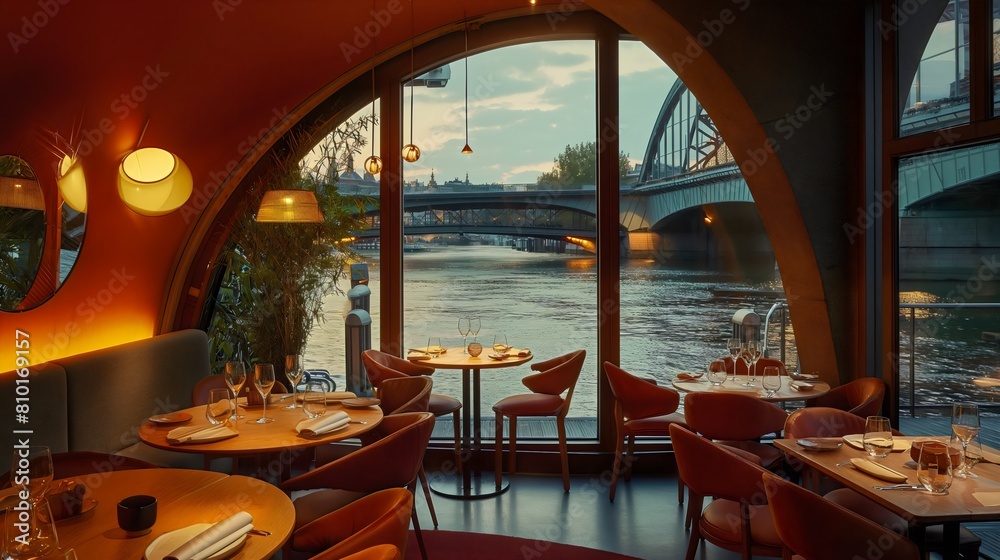 Obraz premium interior of restaurant with beutiful view on river
