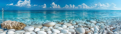 Azure blue ocean water and white pebble beach with clouds in the sky. photo