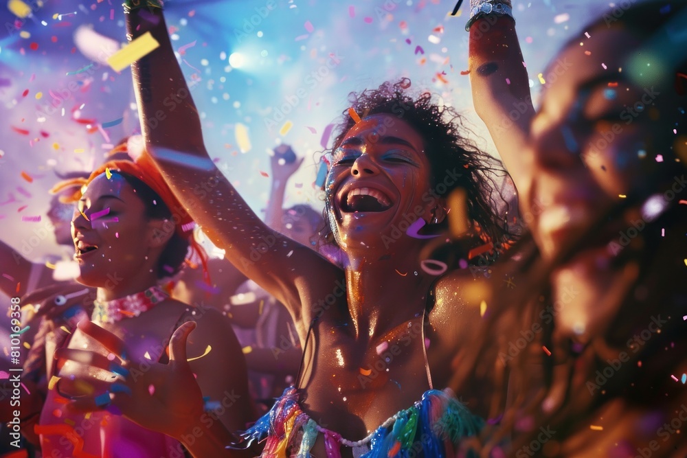 A group of people are dancing and throwing confetti in the air