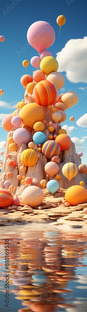 Fototapeta premium Colorful balloons floating in the sky over a tranquil lake