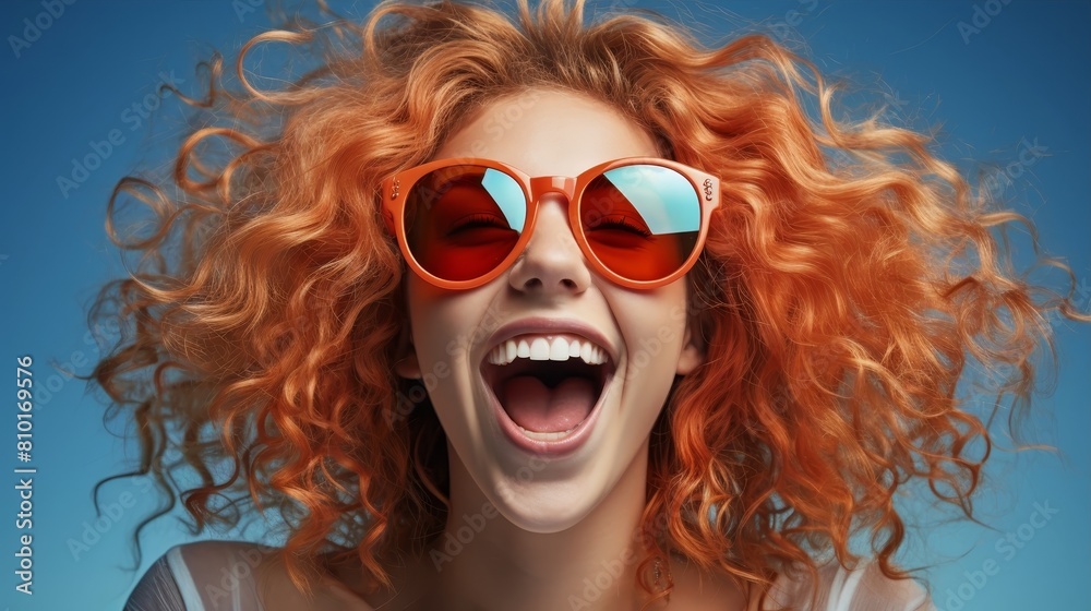 Joyful woman with curly red hair and sunglasses