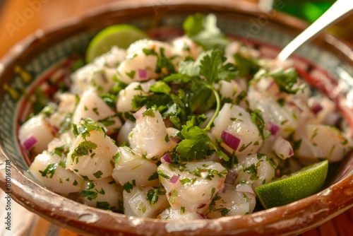 Close-Up of Fresh White Fish Ceviche in Bowl on Table photo