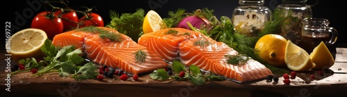 fresh salmon fillets with vegetables and herbs