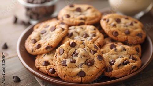 A stack of chocolate chip cookies on a plate, showcased in a close-up food photography shot