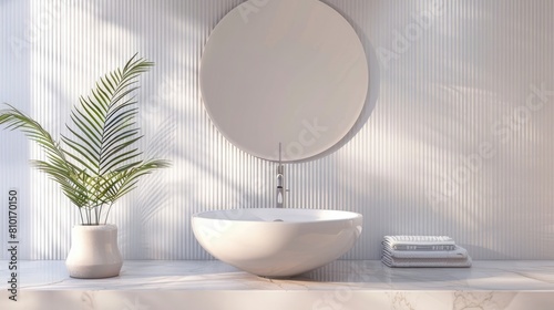 Modern bathroom sink with wall-mounted faucets and a round mirror against a striped wall, concept of a minimalist interior design. 3D Rendering realistic