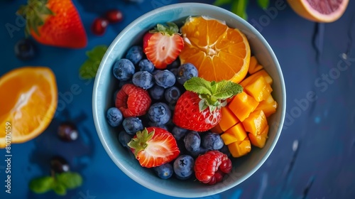 Colorful bowl of mixed fruits with blue background. Vibrant healthy eating and nutrition concept. Top view food photography for diet and wellness content